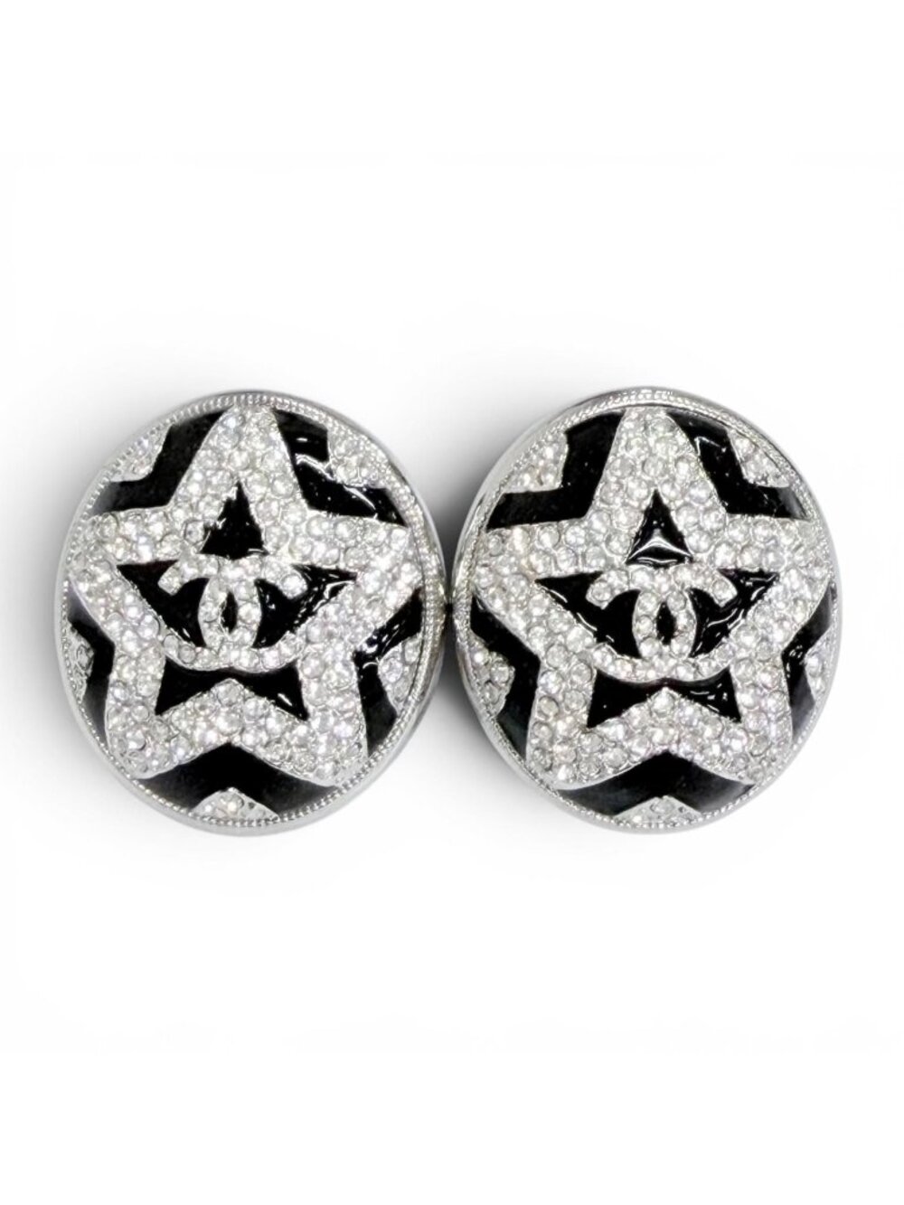 Chanel CC Logo Star Rhinestone Earrings Silver Black